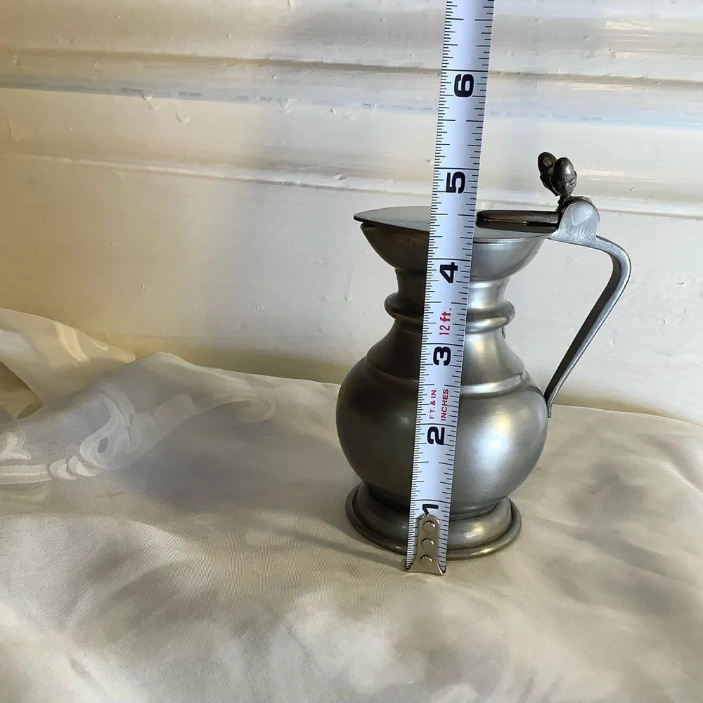 Vintage Italian Pewter 95% Syrup Pitcher With Handle and Lid Double Acorn 4.25